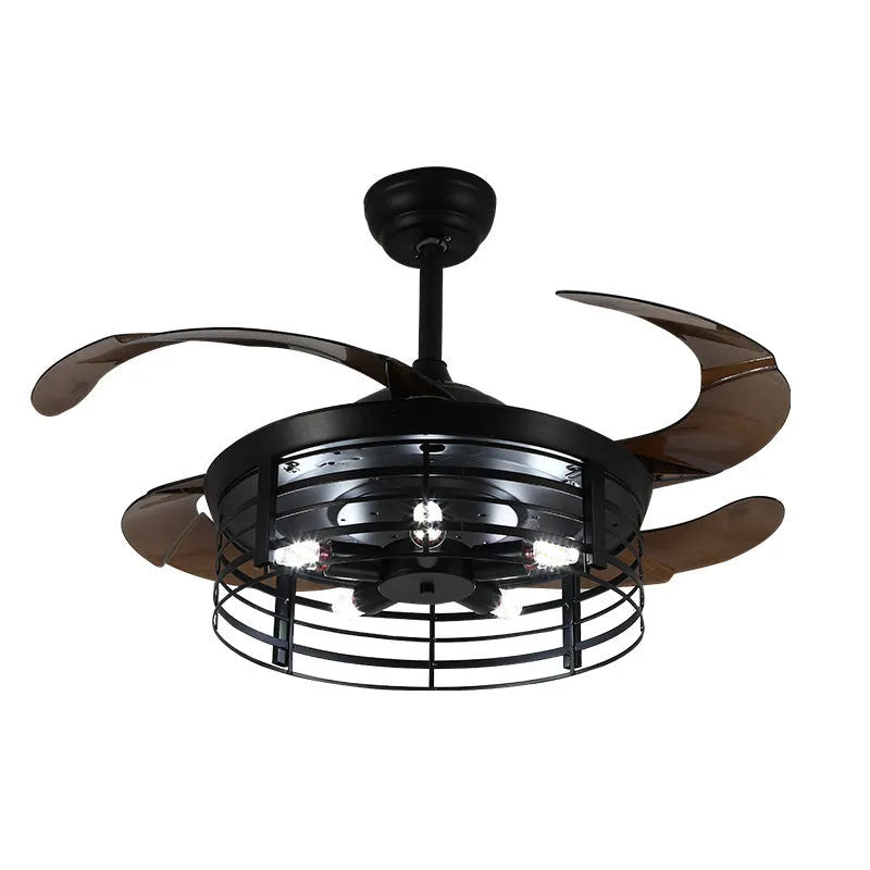 Industrial American retro style ceiling fan with integrated light and invisible acrylic blades.