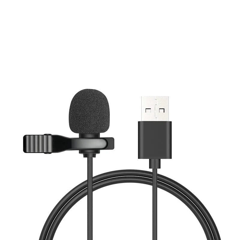 Black wired lavalier clip microphone with 3.5mm plug and 1.5m cable for iPhone recording.
