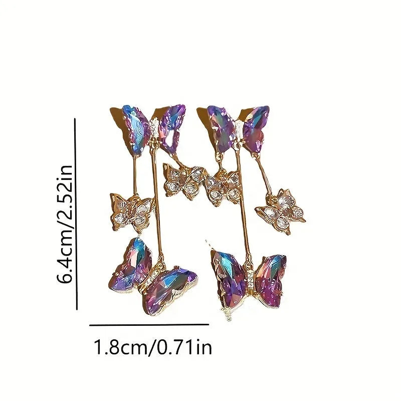 Women's silver needle crystal flowers butterfly tassel earrings with blue purple electroplated alloy design