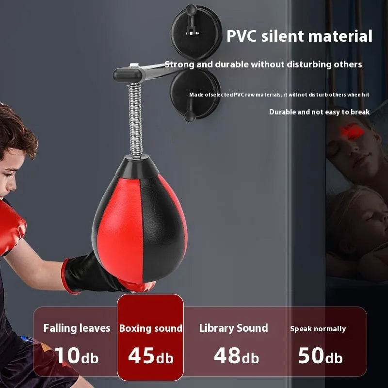 Pear-shaped hanging boxing training ball with red and black PU construction and complete mounting hardware