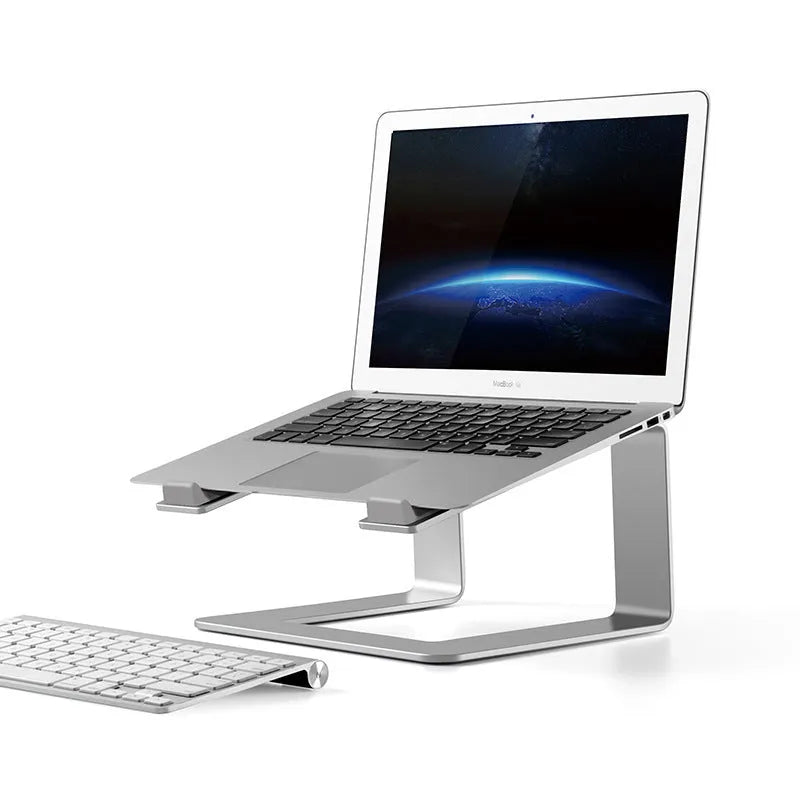 Black aluminium alloy laptop stand on desk with laptop elevated for cooling