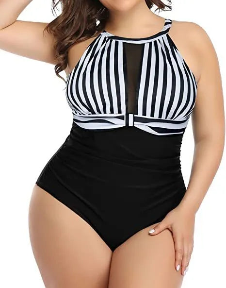 Women's black one-piece swimsuit with lace detailing on front, shown on mannequin.