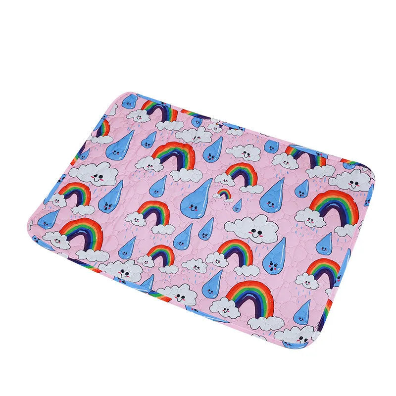 Reusable washable pet urine pad with colourful animal print and waterproof non-slip backing.