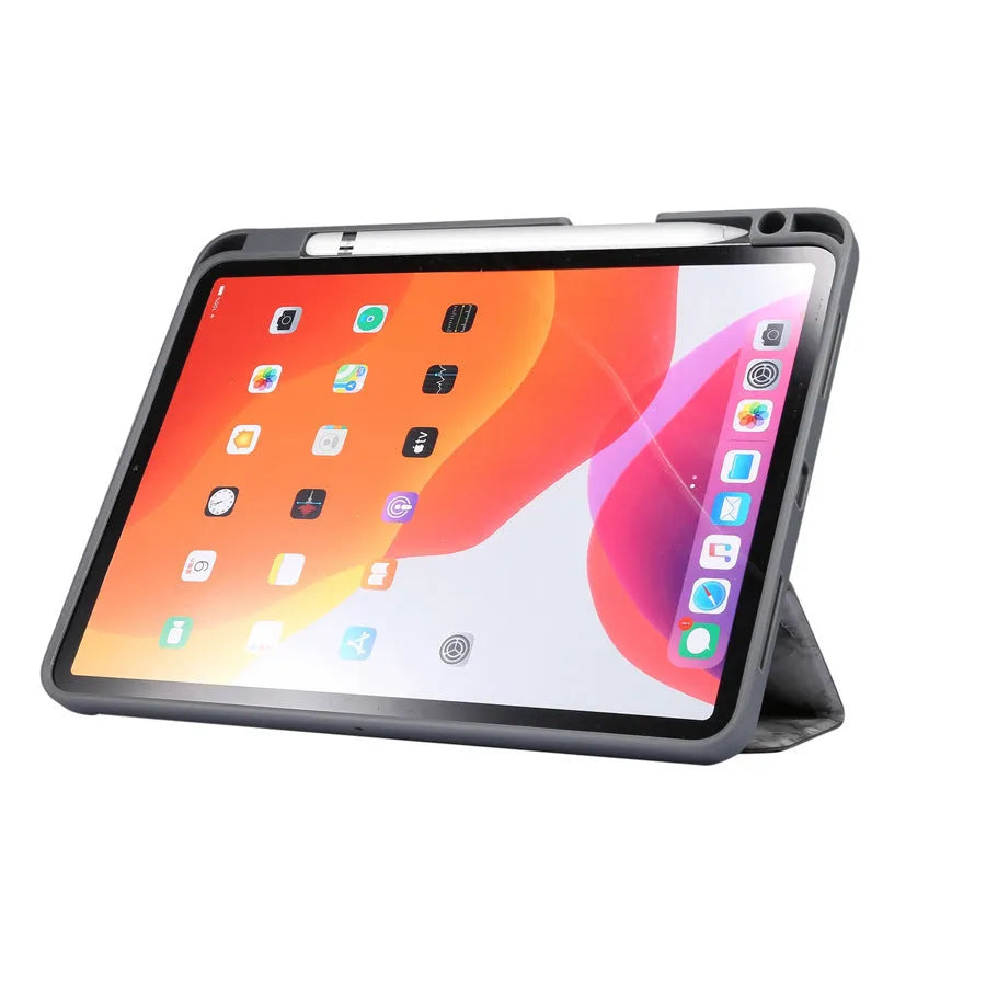 Imitation leather iPad tri-fold case with marbling pattern and built-in pen slot, shown in dark grey.