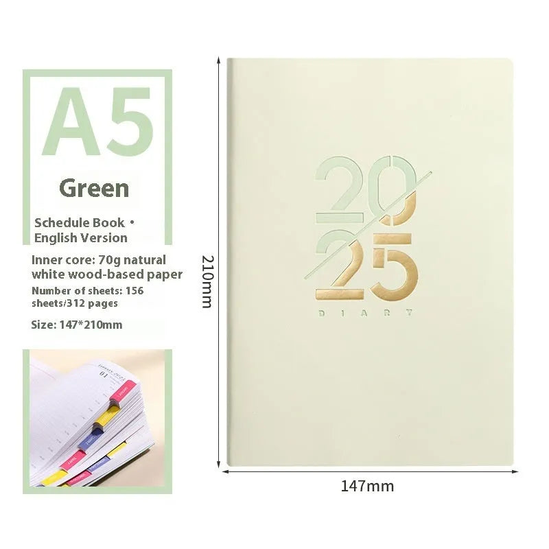 Soft faux leather A5 daily planner book open on a desk, showing Dorian paper pages and available colour variants.