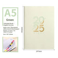 Soft faux leather A5 daily planner book open on a desk, showing Dorian paper pages and available colour variants.