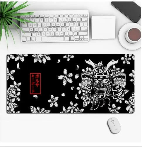 Anime pattern gaming mouse pad with non-slip rubber base on desk surface