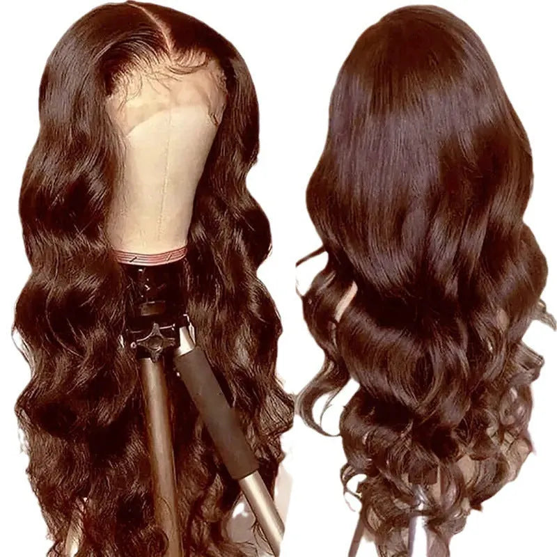 Dark brown long curly front lace wig with side bangs on a model.