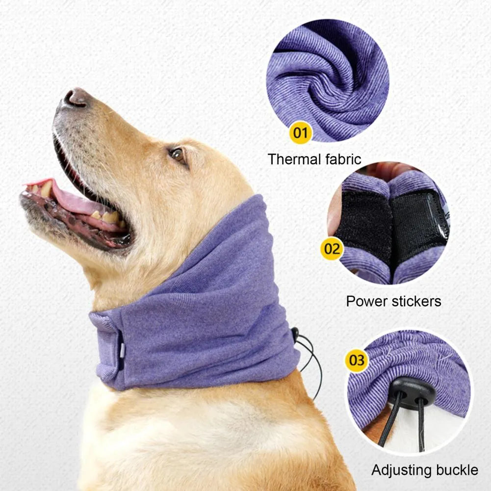 Black dog calming hoodie with ear wraps and closure, shown on a dog model