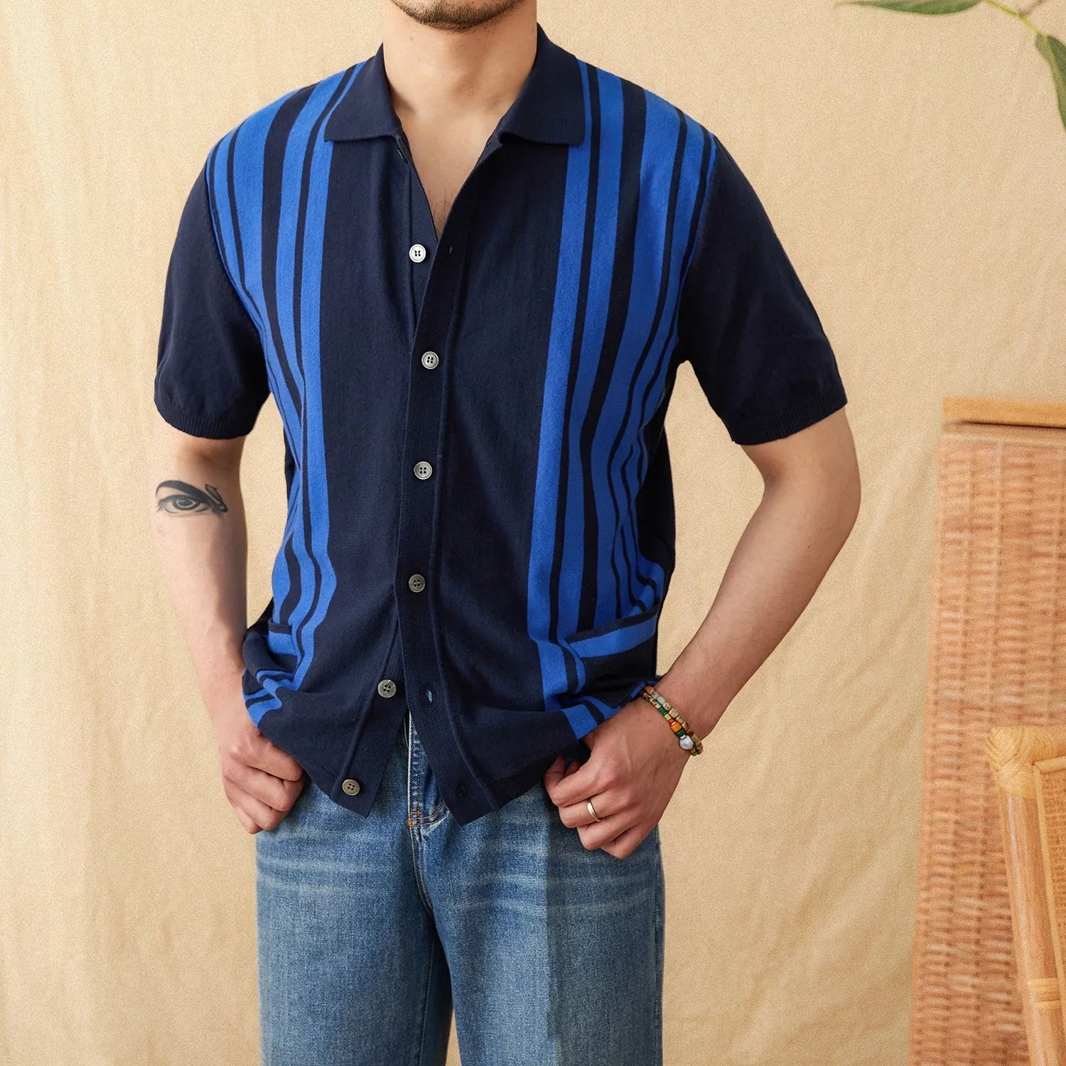Men's striped cardigan polo shirt with lapel collar and short sleeves in cotton blend fabric