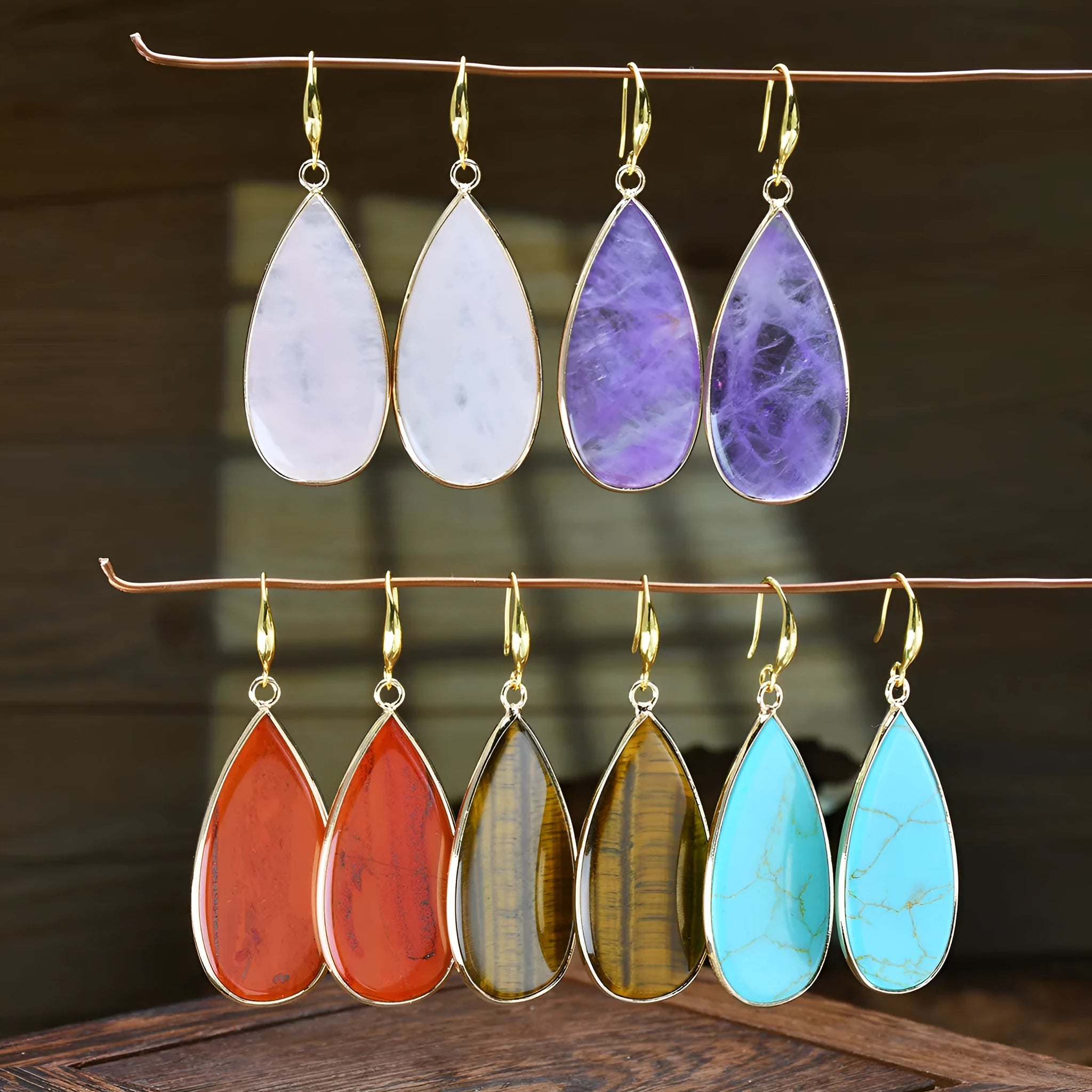 Vintage drop-shaped stone earrings in tigereye, amethyst, or turquoise with water droplet design
