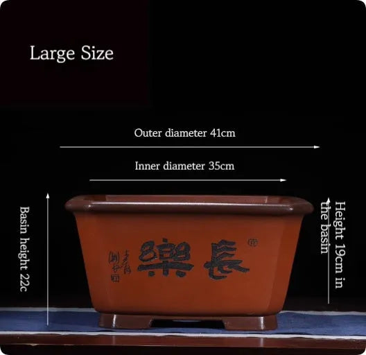 Large Chinese-style antique purple clay flower pot for indoor bonsai trees.