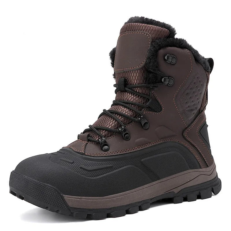 Men's black high-top winter boots with fleece lining and lace-up front on a flat sole.