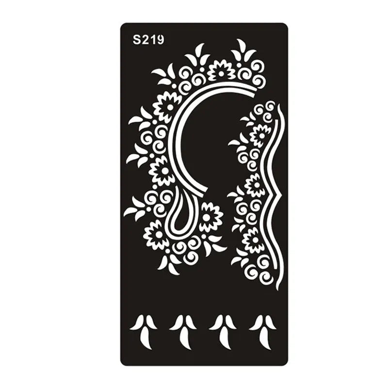 Sheet of hollow geometric and Southeast Asian style temporary tattoo templates on water transfer paper.