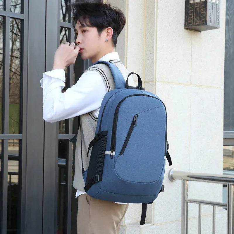 Oxford cloth computer backpack in blue colour with 20-35L capacity showing street trend style