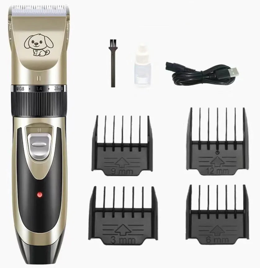 Golden yellow USB rechargeable electric pet clipper set with detachable ceramic blade and limit combs on a white background.