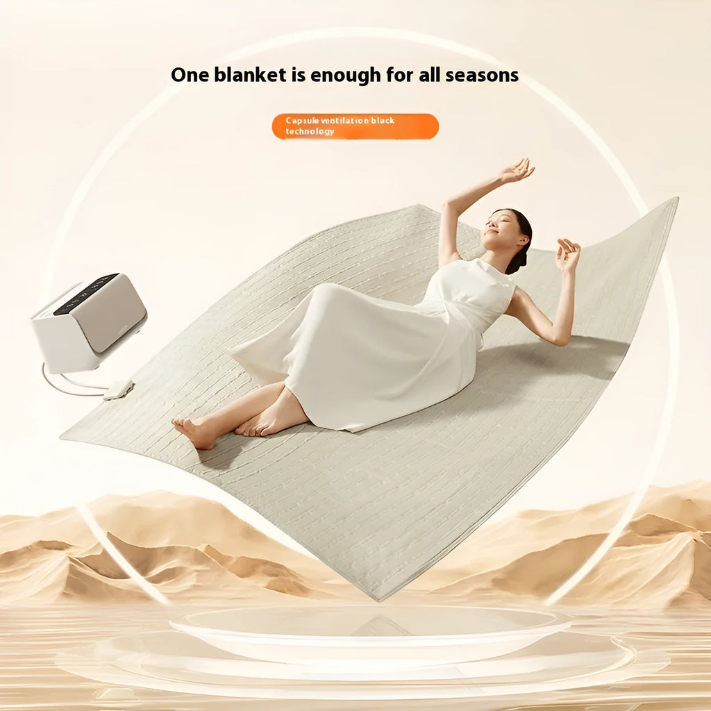 Aideng white plush electric water blanket with smart control host, shown on a bed.