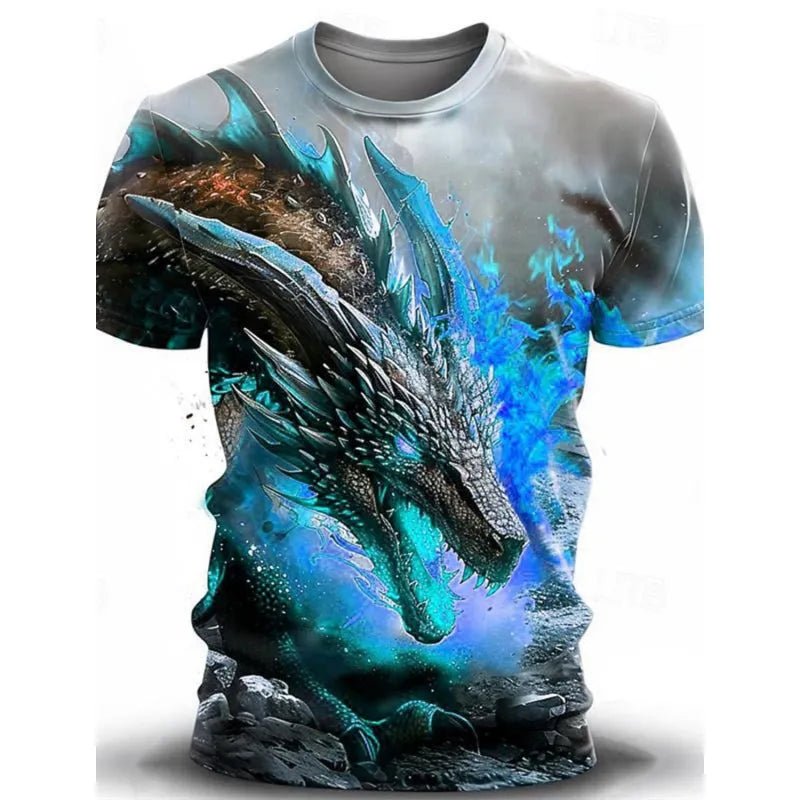 Men's grey T-shirt with detailed 3D wind dragon graphic print on front, short sleeves