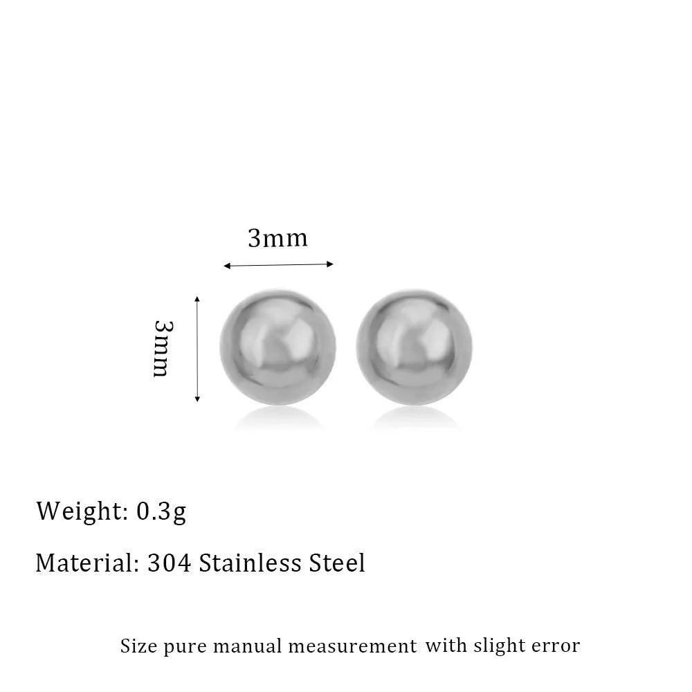 Stainless steel ball stud earrings showing 3mm, 4mm, 5mm, and 6mm sizes with gold and silver finishes