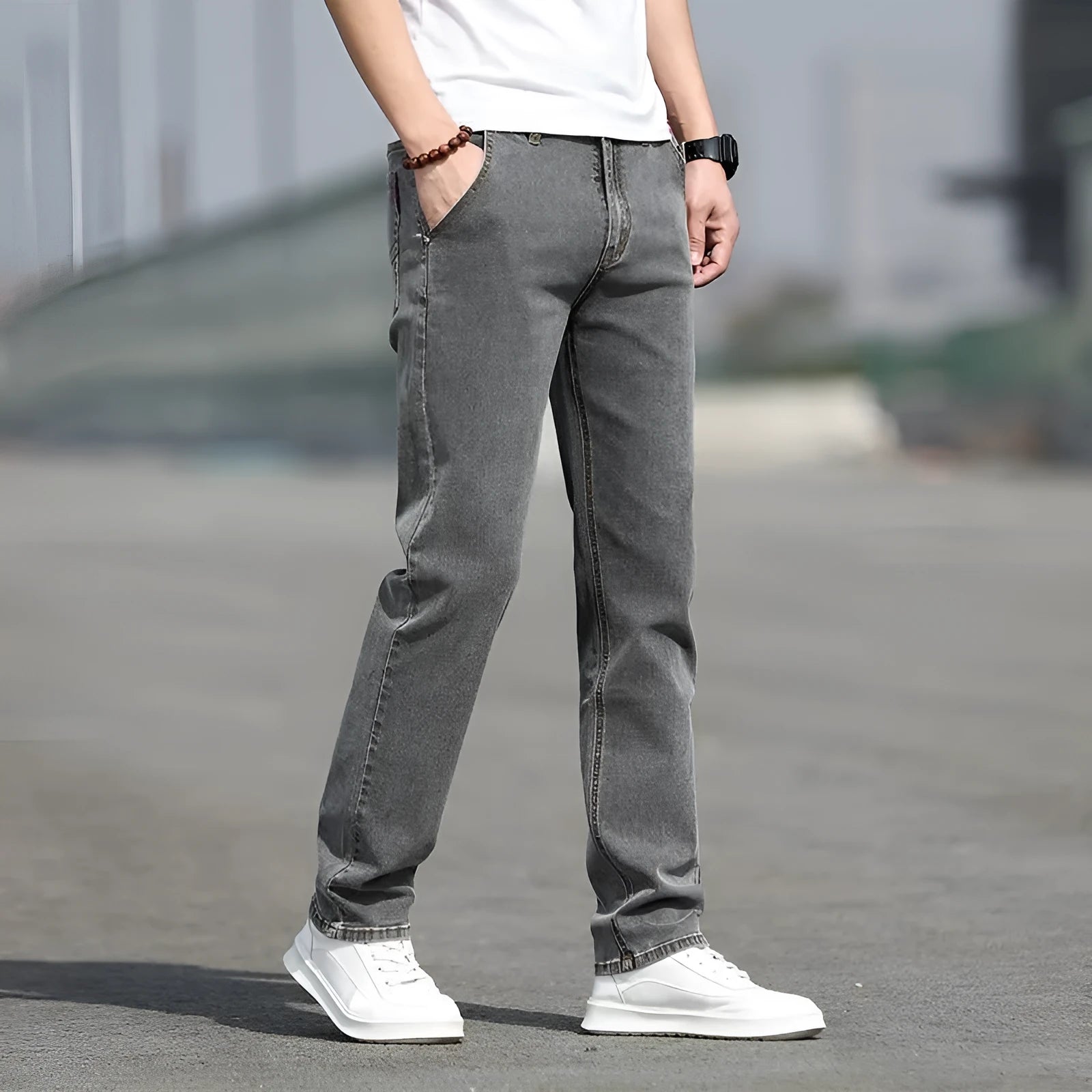 Men's smoky gray straight leg jeans with low waist and zip fly made from elastic rabbit fur fabric