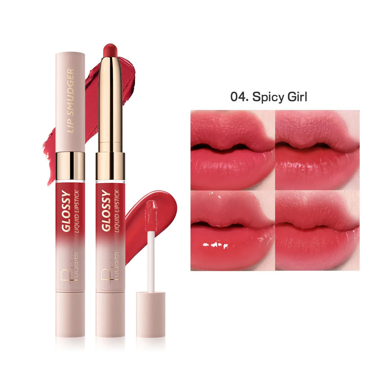 Double-headed lipstick lip gloss in matte finish showing ten different colour options from 01 to 10.