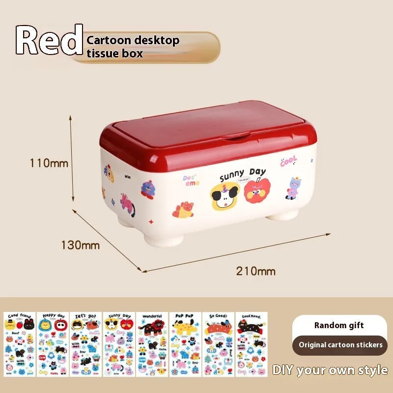 Cartoon design plastic desktop organiser with storage box, pen container, tissue box and coin bank accessories in red and brown colours