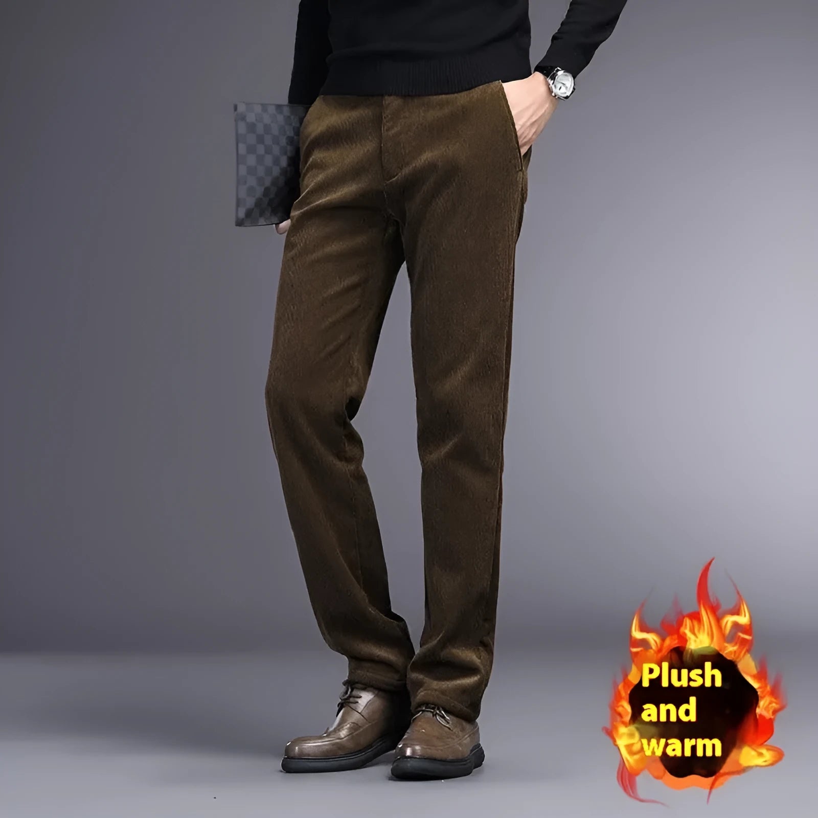Retro striped straight-leg trousers in khaki colour with zip-fly closure
