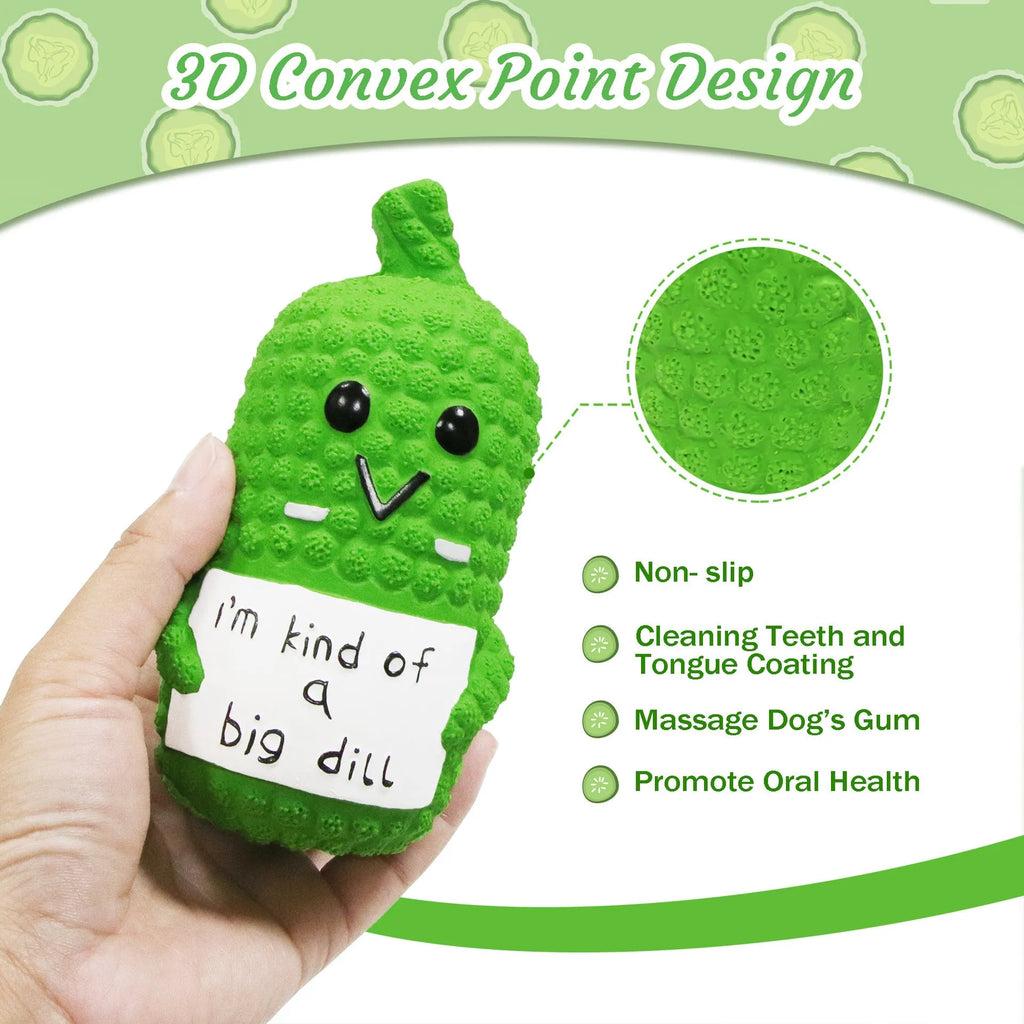 Green pickle-shaped squeaky dog chew toy with a textured surface for teeth cleaning.