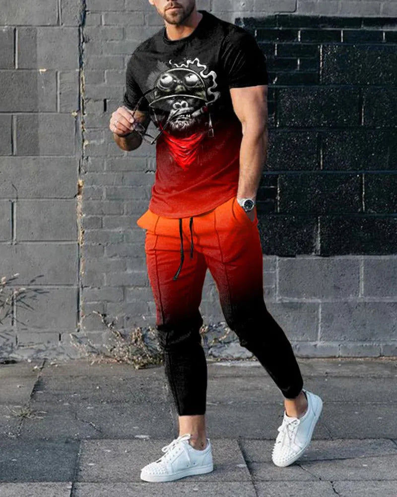 Man wearing a printed short-sleeve t-shirt and matching trousers from a cotton-like men's tracksuit set.