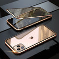A glass clamshell anti-spy privacy case for iPhone, shown in a solid colour with a geometric design.