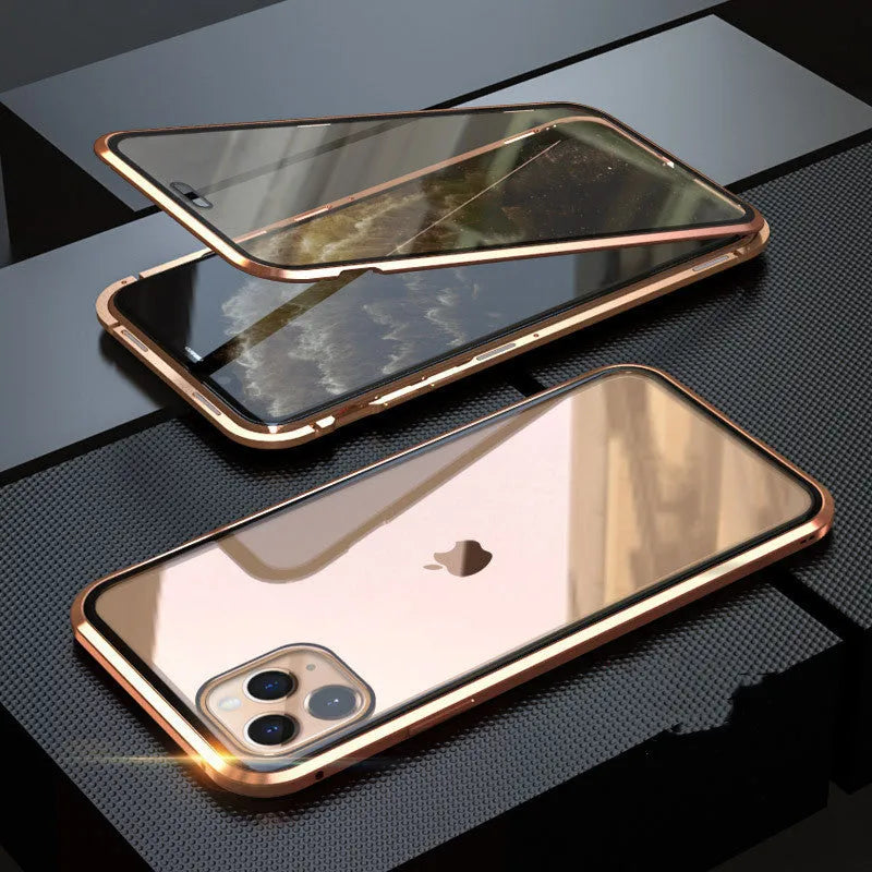 A glass clamshell anti-spy privacy case for iPhone, shown in a solid colour with a geometric design.