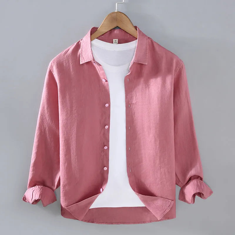 Men's pure linen shirt in cardigan style, shown in a solid earthy colour with long sleeves.