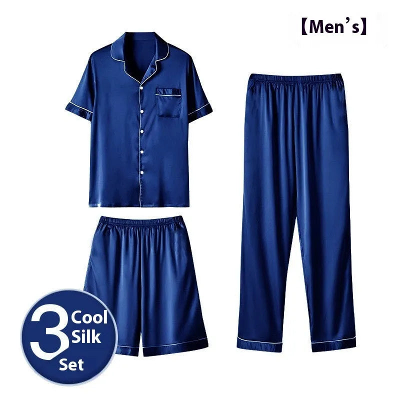 Men's ice silk three-piece homewear set showing long trousers, shorts, and top in thin lightweight fabric