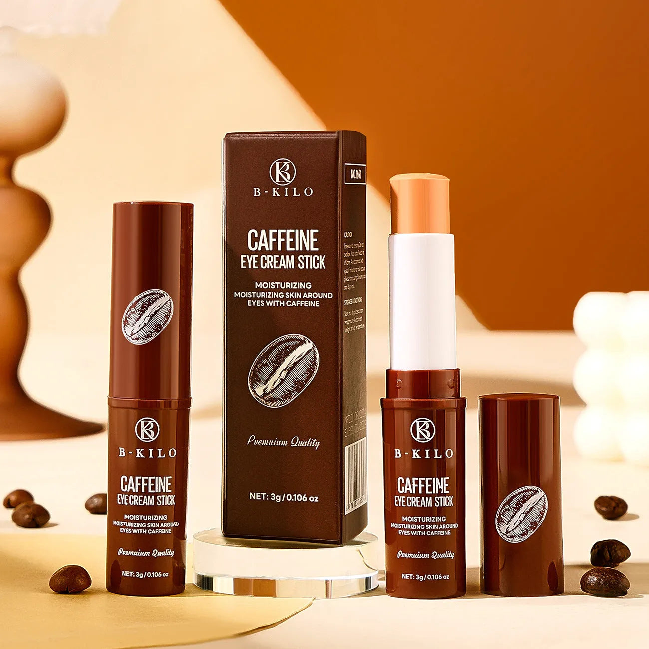 Caffeine eye cream stick in a white tube for hydrating skin and reducing fine lines and dark circles.