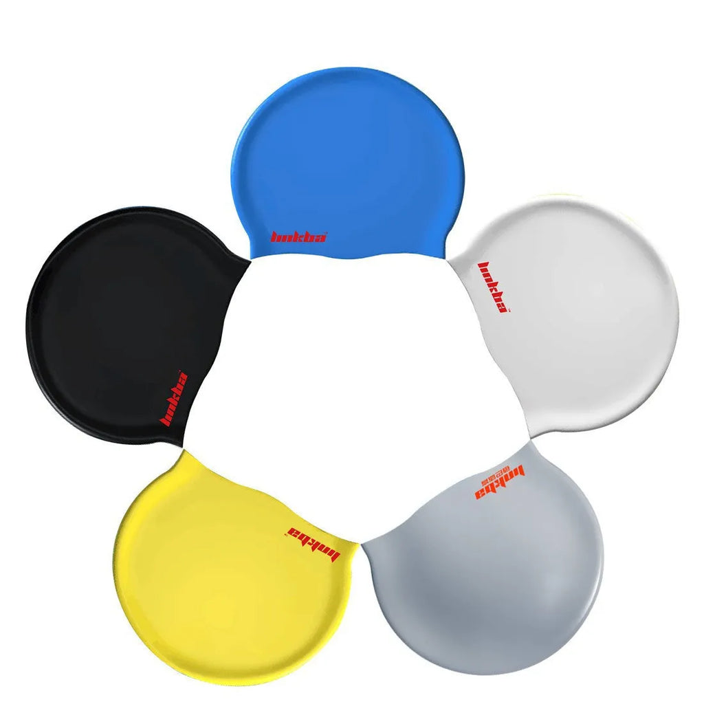 Silicone swimming cap with earmuff design and printed letters in multiple colour options