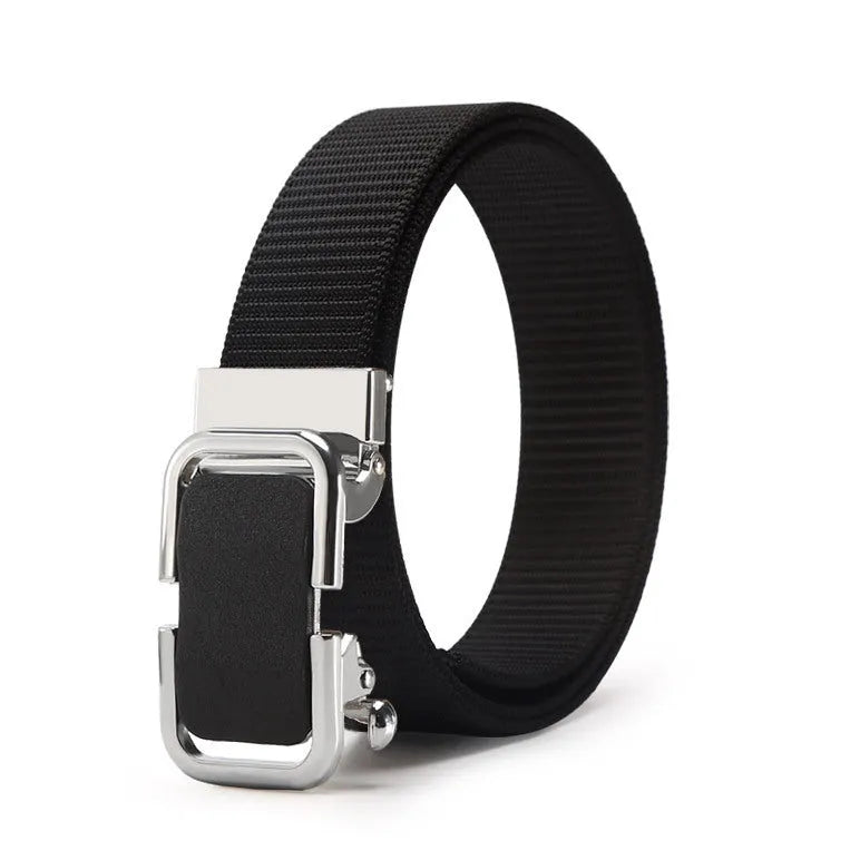 Men's navy blue nylon canvas belt with a silver alloy toothless buckle on a 120cm strap.