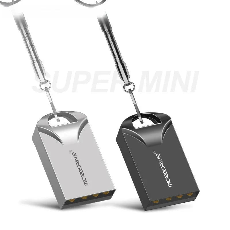 Mini metal USB flash drive in black and silver colours showing compact 23x12x8mm dimensions