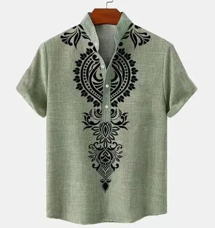 Men's striped casual linen-style shirt with personalised buttons on a hanger