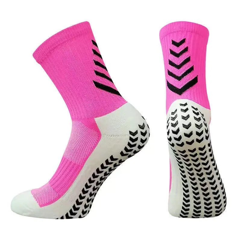 Men's mid-calf athletic socks with geometric patterns and non-slip silicone grip for football and running