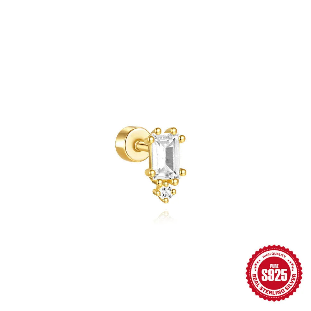 S925 sterling silver flat column geometric ear bone studs with thread detail in a gold colour finish
