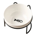 White ceramic pet bowl with cat paw print pattern in black iron frame stand