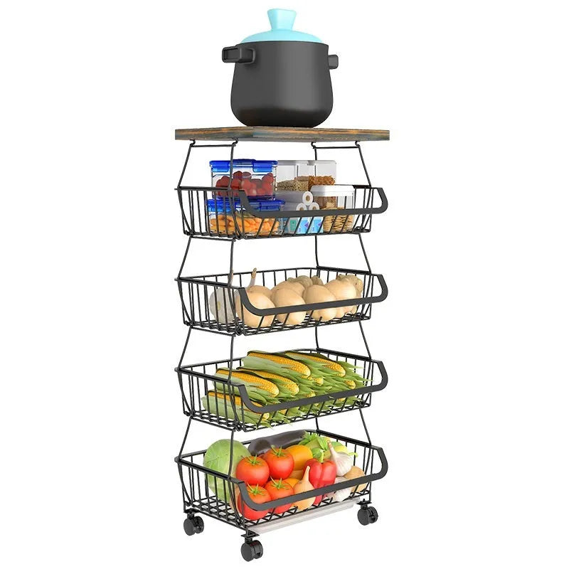 Black six-layer floor-standing kitchen storage trolley with foldable carbon steel frame