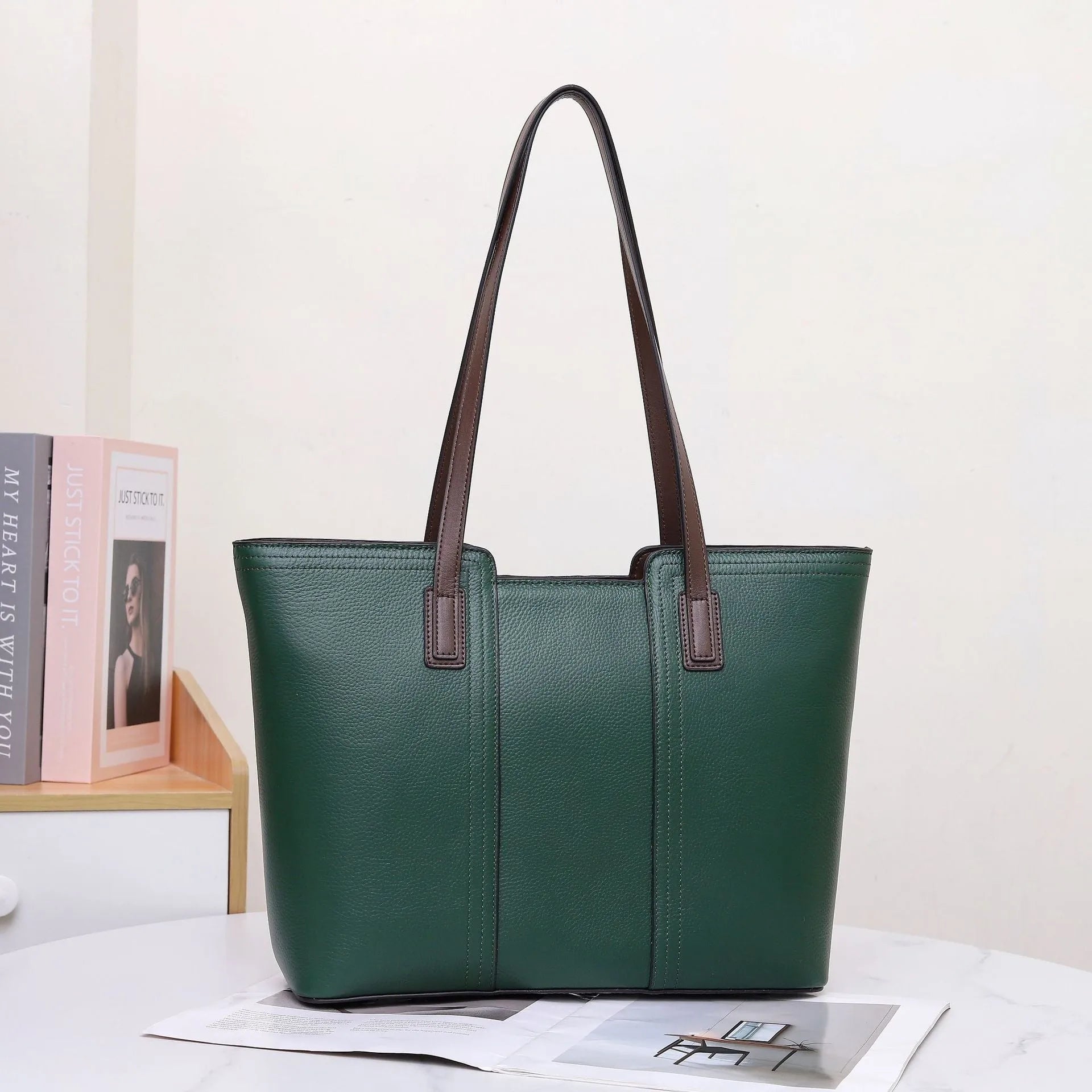 Women's genuine leather shoulder bag in box-type design with mobile phone compartment, shown in multiple colour options