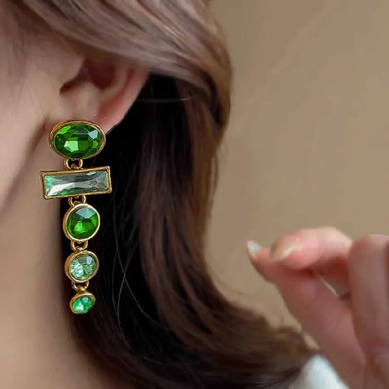 Green gradient retro tassel earrings with geometric Chinese style design and alloy metal construction