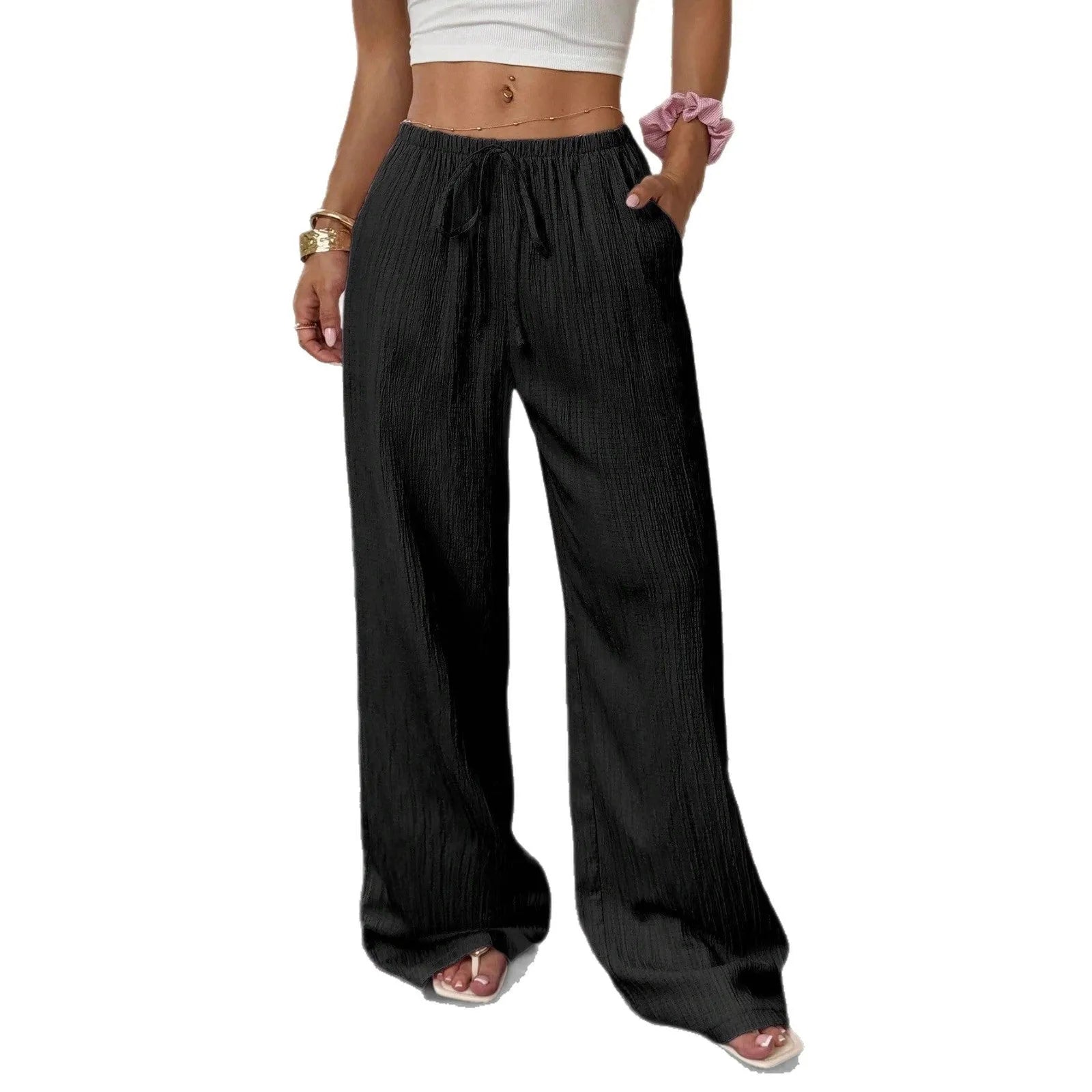 Women's wide-leg trousers with lace-up waist trimming in black and pink polyester fabric