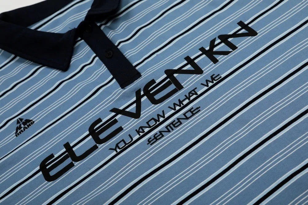 Vintage blue stripe short-sleeved polo shirt with loose fit on mannequin