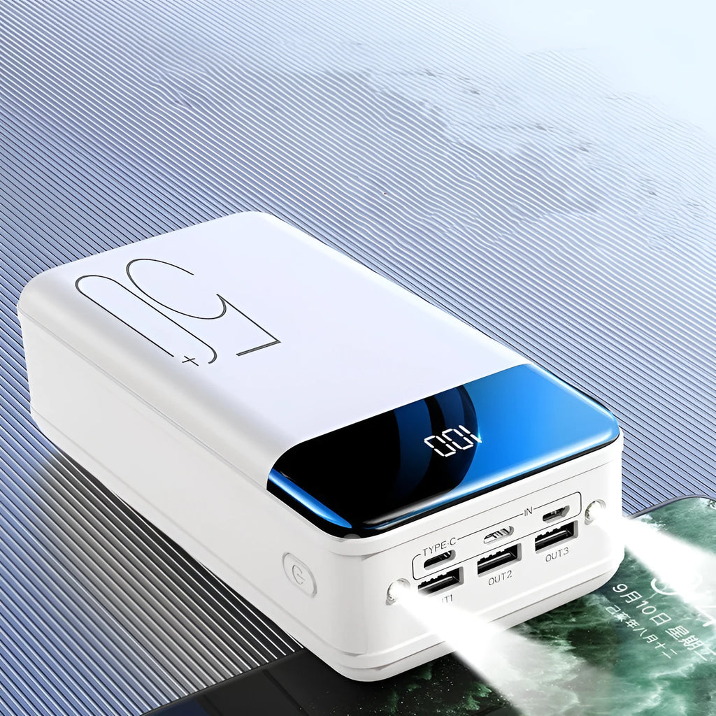Black and white 50000mAh power bank with three USB output ports showing dimensions 169x83x52mm