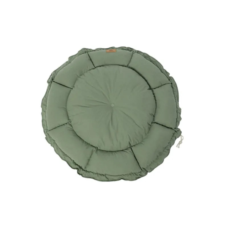 Grey and green reversible donut-shaped cat bed with plush fabric and non-slip base