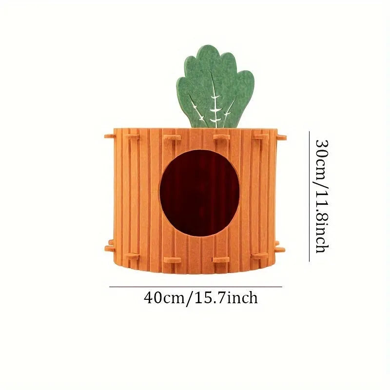 Orange carrot-shaped felt cat nest tunnel bed for cats, shown in semi-enclosed design.