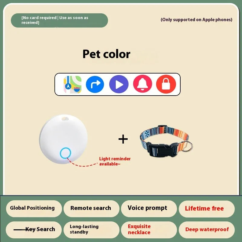 A white GPS pet tracker device attached to a black dog collar on a grass background.